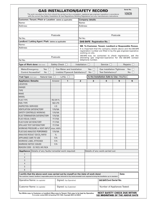 Gas Installation And Safety Record Form